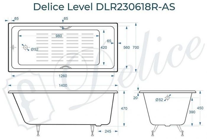 Чугунная ванна Delice Level 140х70 DLR230618R-AS с отверстиями под ручки с антискользящим покрытием