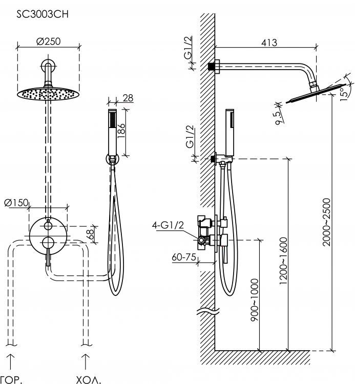 Душевой комплект SANCOS Select встраиваемый для душа, цвет хром, SC3003CH