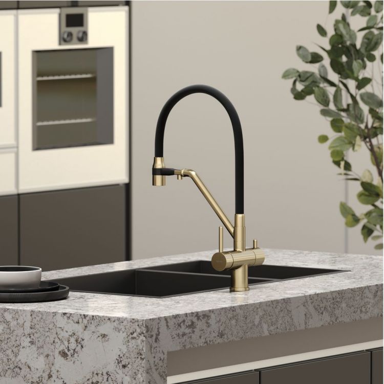 Смеситель для кухни Sancos Dora с гибким изливом, цвет брашированное золото/черный, SC4003BG