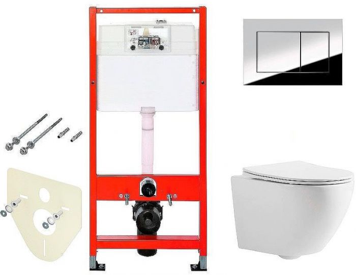 Комплект унитаза CeramaLux 2197 с инсталляцией Tece Profil 9400412 с сиденьем Микролифт и клавишей смыва Хром глянцевый