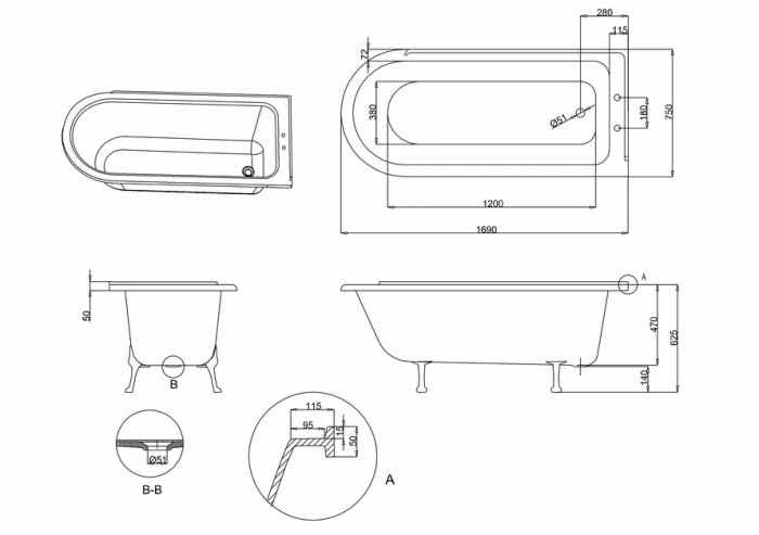 Ванна акриловая Burlington Hampton правосторонняя с ножками L1C