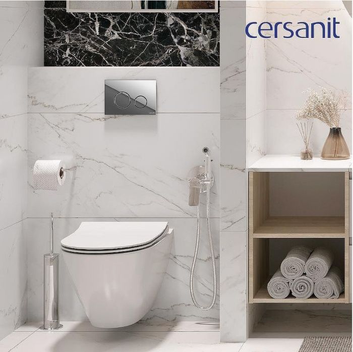Комплект унитаза Cersanit City Smart CO DPL EO Slim с сиденьем Микролифт и инсталляцией Link Pro 68306 с клавишей смыва Хром глянцевый