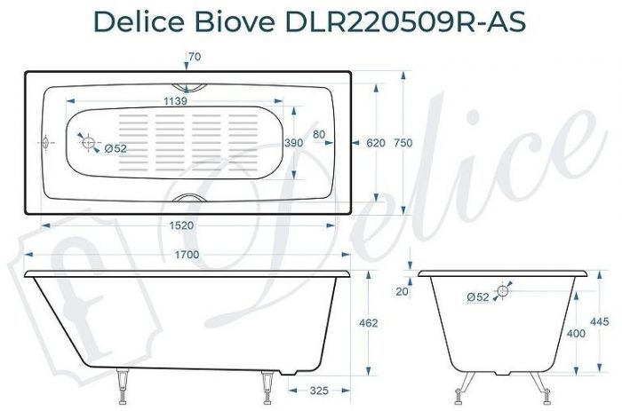 Чугунная ванна Delice Biove 170х75 DLR220509R-AS с ручками с антискользящим покрытием