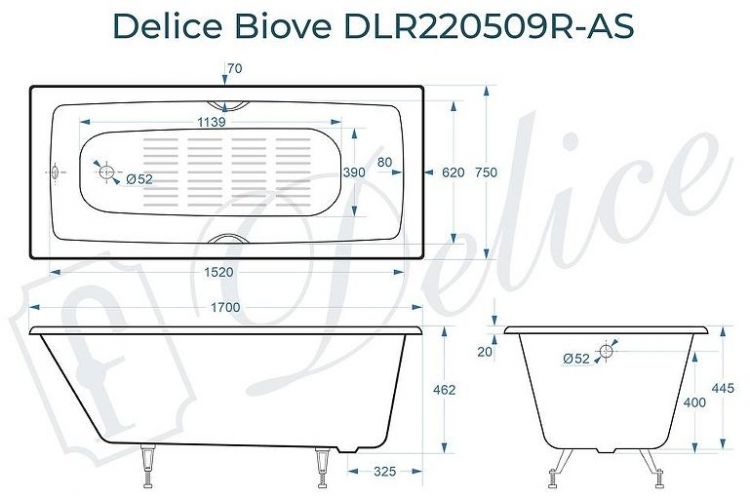 Чугунная ванна Delice Biove 170х75 DLR220509R-AS с ручками с антискользящим покрытием