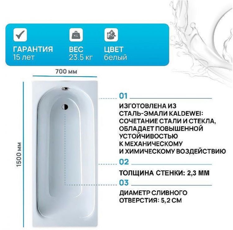 Стальная ванна Kaldewei Eurowa 310 150x70 119612030001 без отверстий под ручки