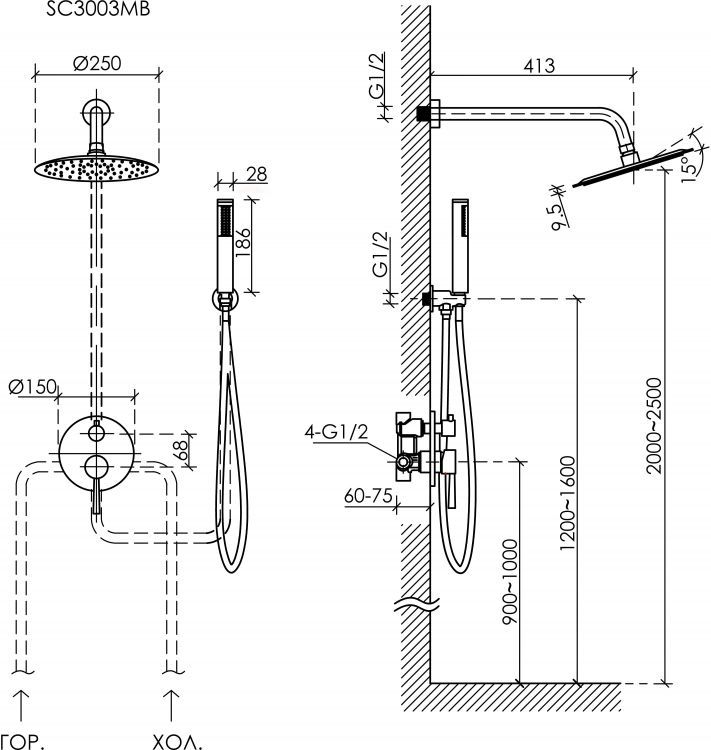 Душевой комплект SANCOS Select встраиваемый для душа, цвет черный матовый, SC3003MB