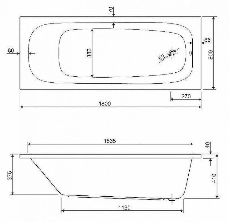 Акриловая ванна Cezares Eco 180х80 ECO-180-80-41-W37 без гидромассажа Акриловая ванна Cezares Eco 180х80 ECO-180-80-41-W37 без гидромассажа