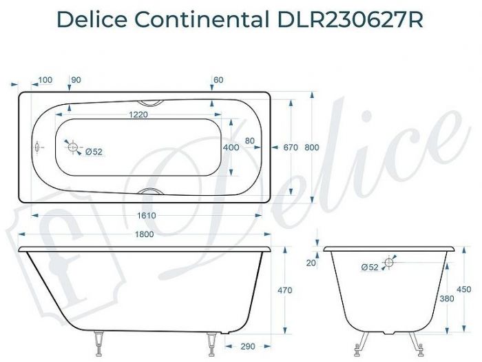 Чугунная ванна Delice Continental 180х80 DLR230627R с отверстиями под ручки без антискользящего покрытия