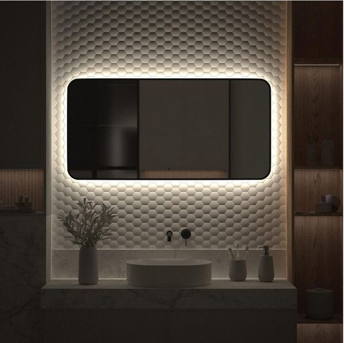 Зеркало Defesto Aura 120х60 DF 2968RH с подсветкой 34W-4500K/ИК - выключатель/Нейтральный белый свет/Черная рама