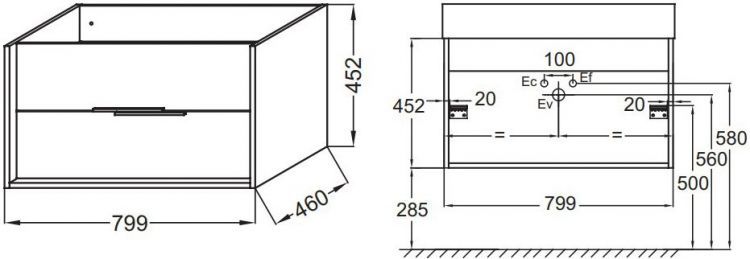 Тумба под раковину Jacob Delafon VIVIENNE, 80 см, 2 ящика, без ручек, серая, EB1584-N18-S40
