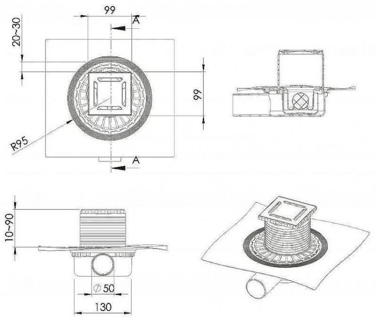 Душевой трап Berges Zentrum Norma 100x100 090362 с решеткой Хром матовый