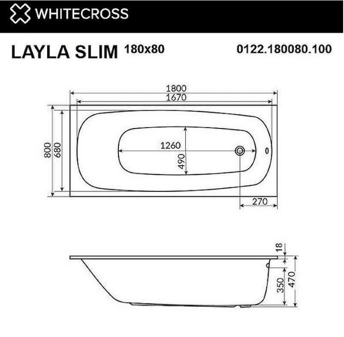 Акриловая ванна Whitecross Layla Slim 180x80 0122.180080.100.NANO.GL с гидромассажем