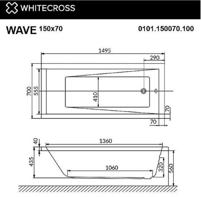 Акриловая ванна Whitecross Wave 150x70 0101.150070.100.LINENANO.GL с гидромассажем