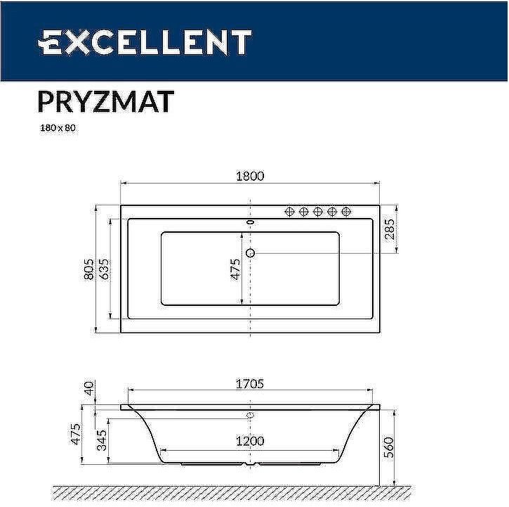 Акриловая ванна Excellent Pryzmat Slim 180x80 WAEX.PRY18S.SOFT.BR с гидромассажем