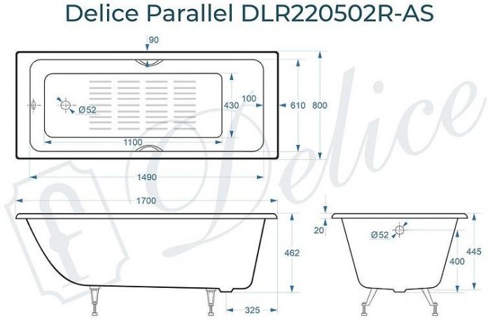 Чугунная ванна Delice Parallel 170х80 DLR220502RB-AS с черными матовыми ручками с антискользящим покрытием