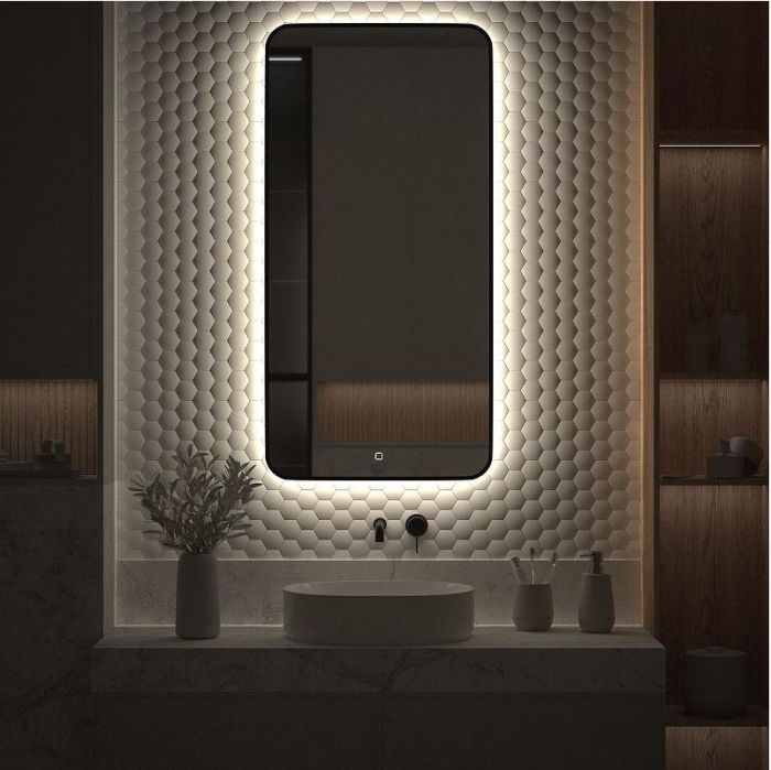 Зеркало Defesto Aura 60х120 DF 2968S с подсветкой 34W-4500K/Сенсорный выключатель/Нейтральный белый свет/Черная рама