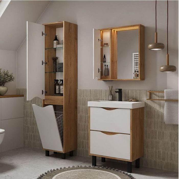 Зеркало со шкафом Volna Barney 60 L zsBARNEY60.L-04 с подсветкой цвет Белый Дуб гудзон