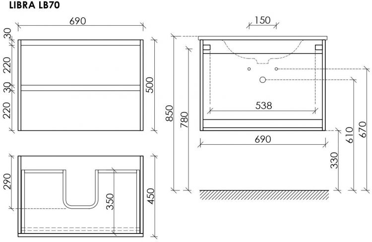 Тумба подвесная SANCOS под раковину Libra, дуб галифакс натуральный 690х450х500 мм, LB70EG