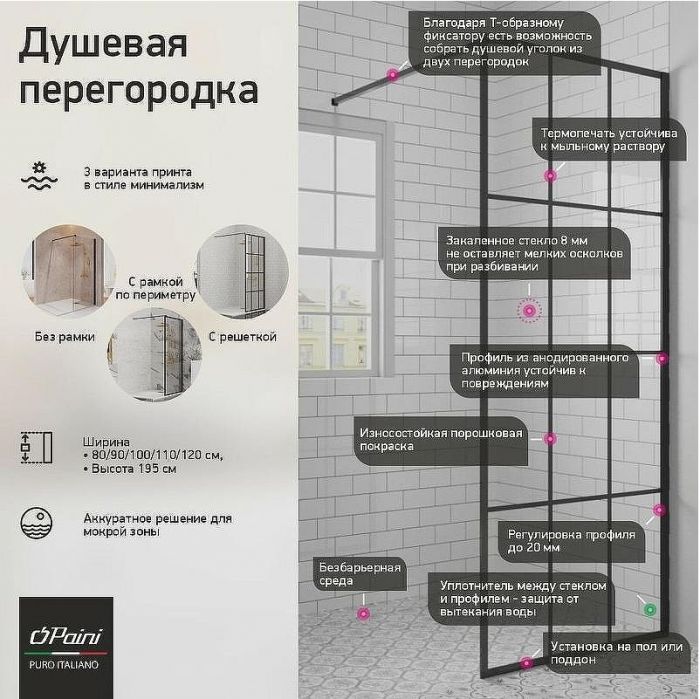 Душевая перегородка Paini 100 PAINI-WalkIN100F профиль Черный матовый стекло прозрачное