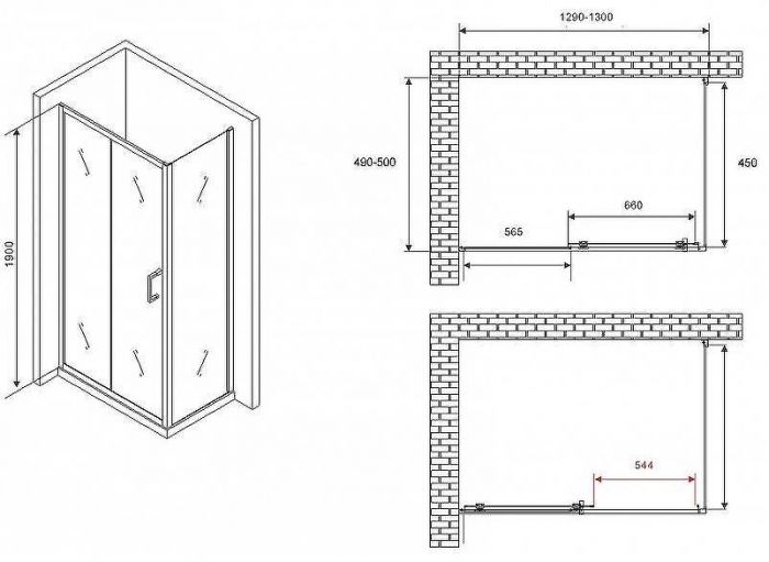 Душевой уголок Abber Schwarzer Diamant 130x50 AG30130B5-S50B5 профиль Черный стекло прозрачное