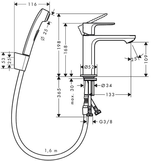 Hansgrohe Rebris S Смеситель для раковины 110, с гигиеническим душем, цвет: хром