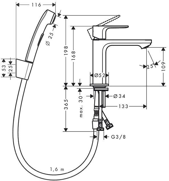 Hansgrohe Rebris S Смеситель для раковины 110, с гигиеническим душем, цвет: хром