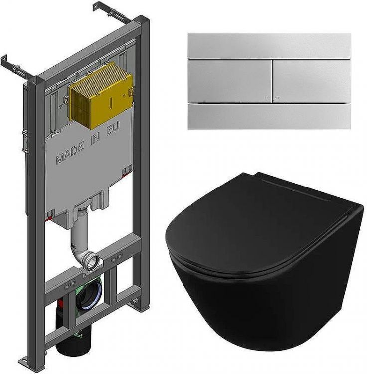 Комплект унитаза Owl 1975 Vind Cirkel-H OWLT190305 с сиденьем Микролифт и инсталляцией Jacob Delafon E29025-NF+E4316-CP с клавишей смыва Хром
