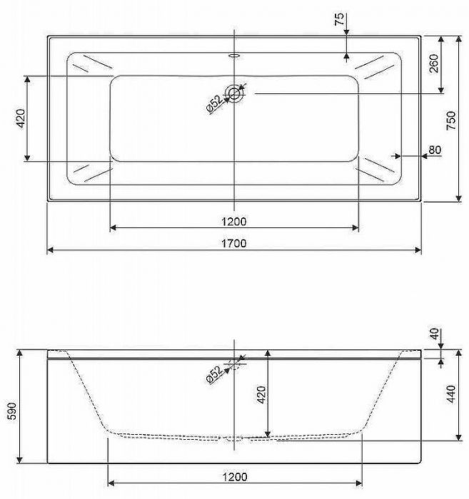 Акриловая ванна Cezares Plane Mini 170x75 PLANE MINI-170-75-42-W37 без гидромассажа