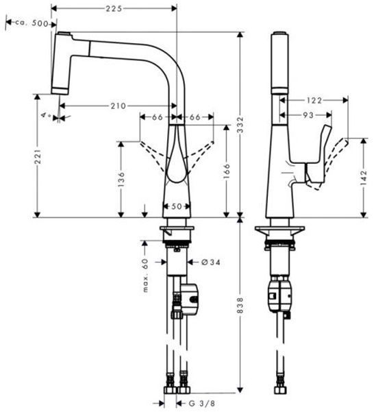 Hansgrohe Metris Смеситель  для кухни на 1 отв, поворотный и выдвижной излив 2jet, цвет: хром