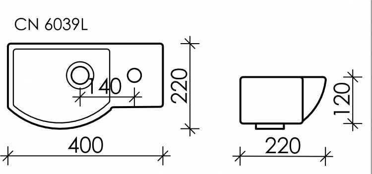 Умывальник CERAMICANOVA Element подвесной прямоугольный с крепежом (чаша слева, отверстие под смеситель справа) CN6039L