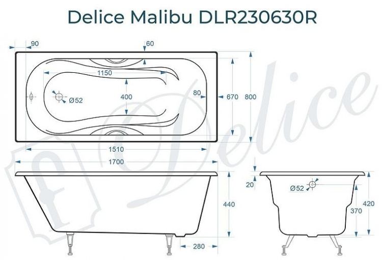 Чугунная ванна Delice Malibu 170х80 DLR230630R с отверстиями под ручки без антискользящего покрытия