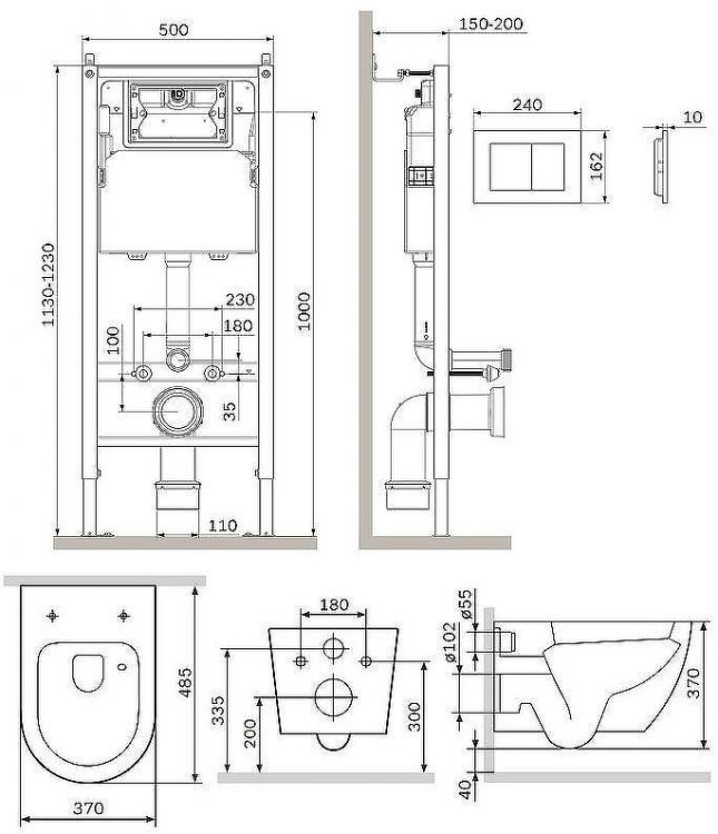 Комплект унитаза с инсталляцией AM.PM Like IS90238.801900 с сиденьем Микролифт и Черной матовой клавишей смыва