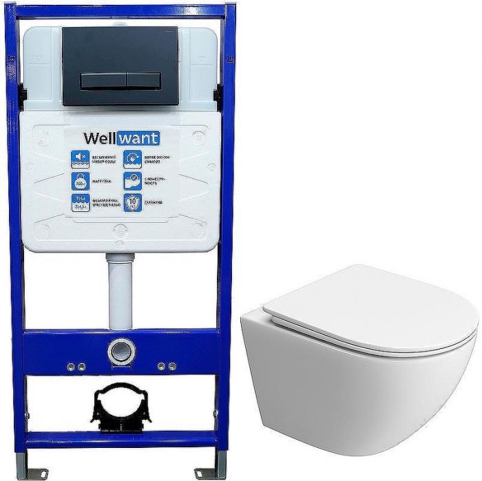 Комплект унитаза BelBagno Uno-Tor BB5177CH-TOR/SC с инсталляцией WellWant Standart 50 WWISI111BB с сиденьем Микролифт и Черной матовой клавишей смыва