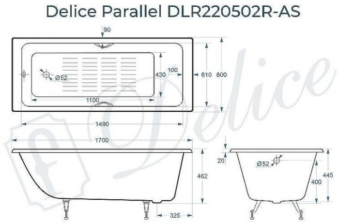 Чугунная ванна Delice Parallel 170x80 DLR220502R-AS с ручками с антискользящим покрытием