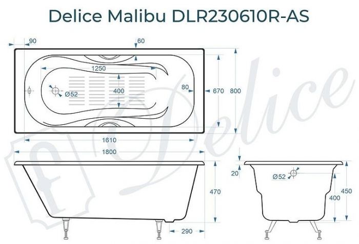 Чугунная ванна Delice Malibu 180х80 DLR230610R-AS с отверстиями под ручки с антискользящим покрытием