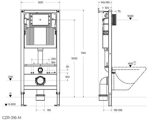 Инсталляция Cezares Lux CZR-316-M для унитаза без клавиши смыва