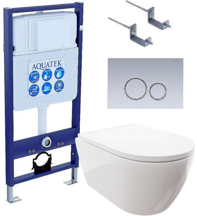 Комплект унитаза с инсталляцией Aquatek Set Aquatek Поларис-019 4в1 с сиденьем Микролифт и клавишей смыва Хром матовый