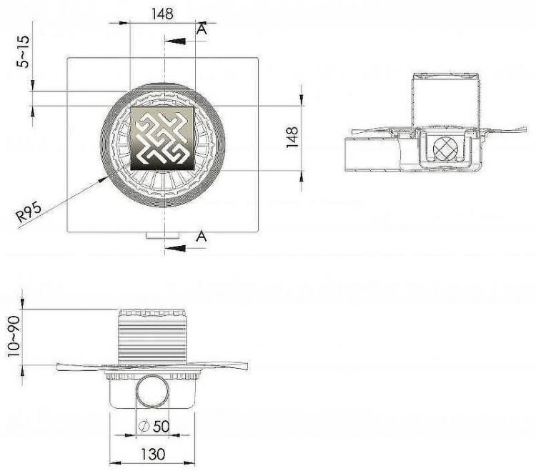 Душевой трап Berges Zentrum Antik 150x150 090365 с решеткой Хром матовый Душевой трап Berges Zentrum Antik 150x150 090365 с решеткой Хром матовый