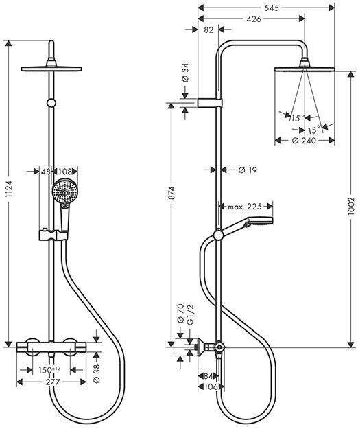 Hansgrohe Vernis Душевая система, настенная, с термостатическми смесителем, верхний душ 24см., и ручным душем, цвет: матовый черный