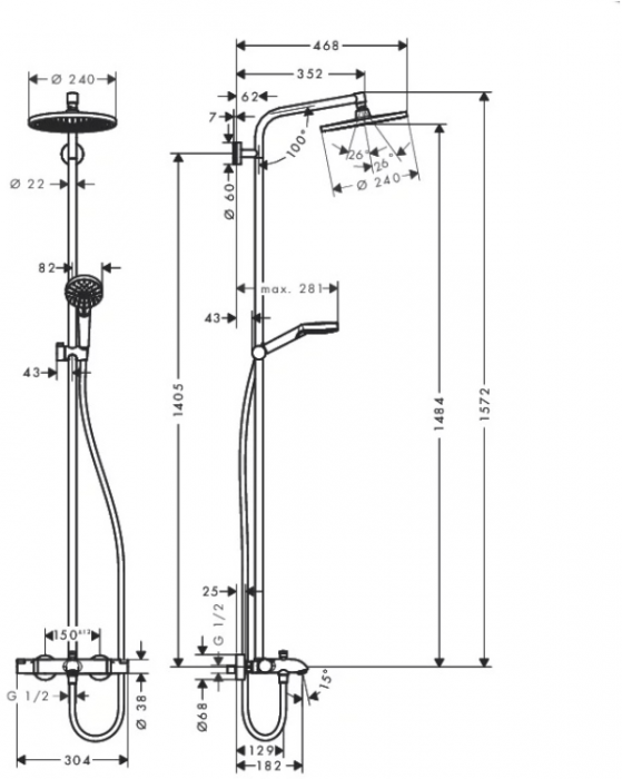 Hansgrohe Crometta Showerpipe S 240 SHP: термостат для ванны + стойка с верхним душем 240мм + ручной душ со шлангом 160мм, цвет: хром