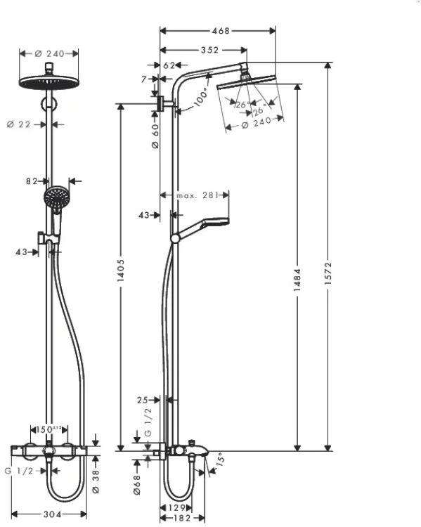 Hansgrohe Crometta Showerpipe S 240 SHP: термостат для ванны + стойка с верхним душем 240мм + ручной душ со шлангом 160мм, цвет: хром