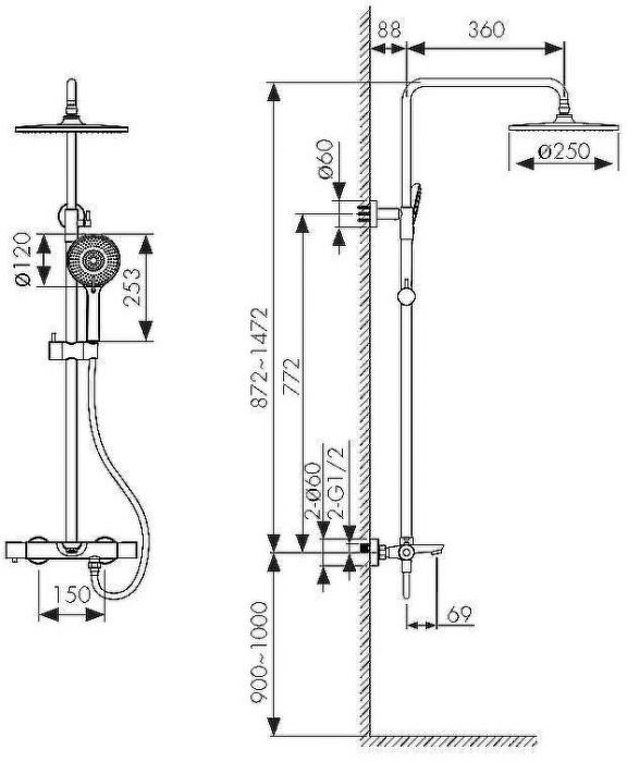 Душевая система Kaiser Cezar 05182-2 с термостатом Черная матовая