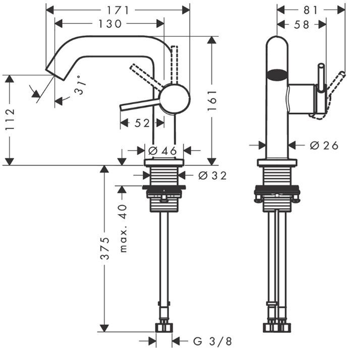 Hansgrohe Tecturis S Смеситель для раковины, 1 отв., с донным клапаном, цвет: хром