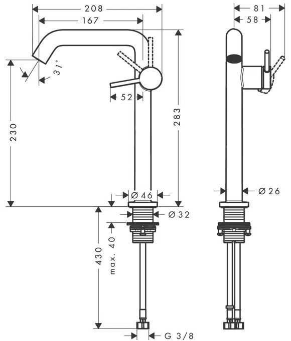 Hansgrohe Tecturis S Смеситель для раковины, 1 отв., с донным клапаном, цвет: хром