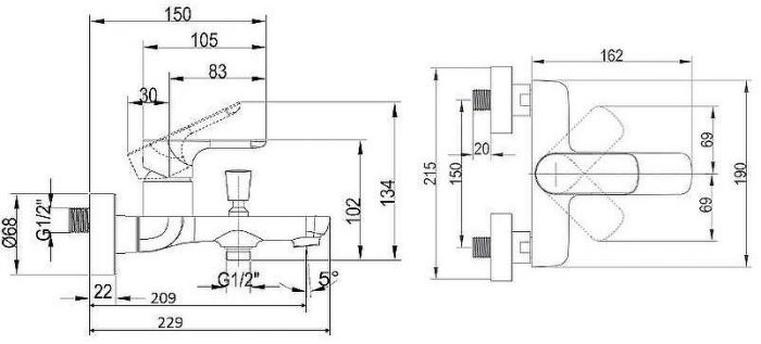 Смеситель для ванны Villeroy&Boch O.Novo TVT10400100061 Хром