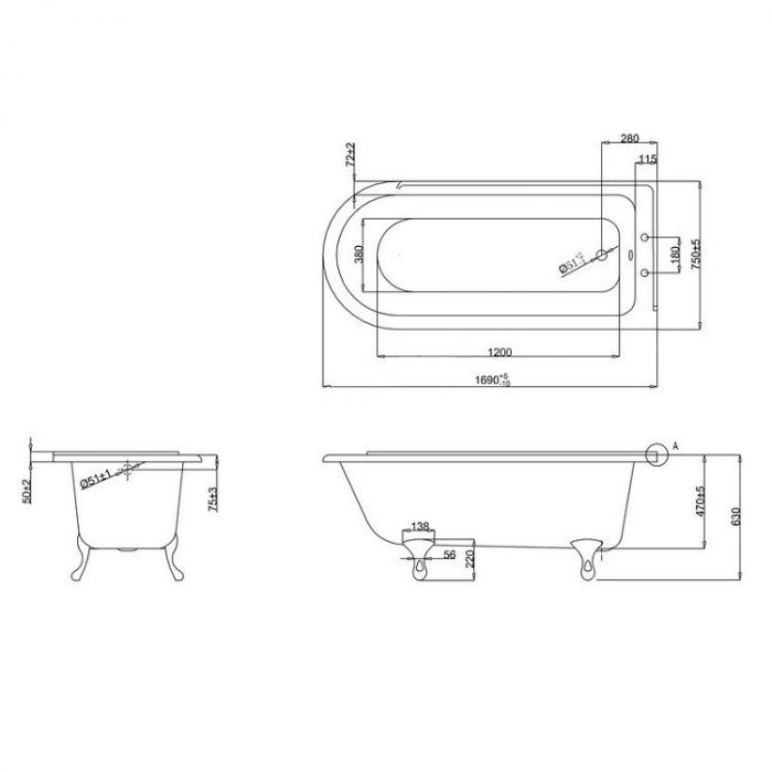 Ванна Burlington Hampton 170 x 75см, правостороняя (без ножек), цвет Белый