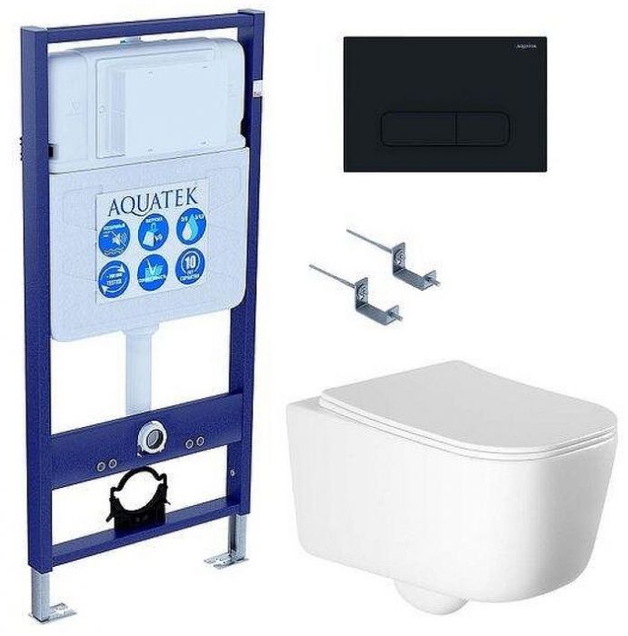 Комплект унитаза с инсталляцией Aquatek Set Aquatek Лугано-017 4в1 с сиденьем Микролифт и Черной матовой клавишей смыва