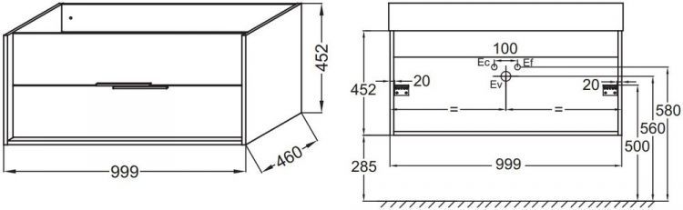 Тумба под раковину Jacob Delafon VIVIENNE, 100 см, 2 ящика, без ручек, дуб табак/белый сатин, EB1585-E52-F30