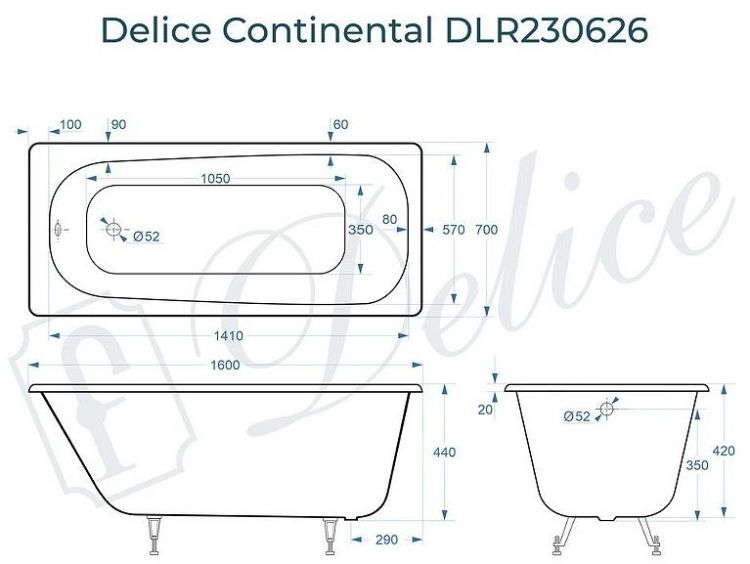 Чугунная ванна Delice Continental 160х70 DLR230626 без отверстий под ручки и антискользящего покрытия Чугунная ванна Delice Continental 160х70 DLR230626 без отверстий под ручки и антискользящего покрытия
