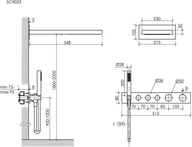 Душевой комплект с термостатом SANCOS Linn, с внутренней частью, брашированное золото, PVD покрытие, SC9023BG
